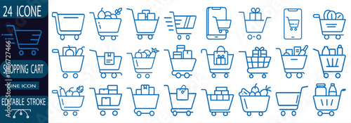 Shopping cart line icon set, blue online grocery basket, retail store trolley, delivery package, food bag, mobile market, and more vector illustration with editable stroke.