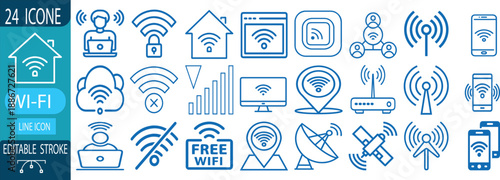 Wi-Fi line icon set, wireless signal, router connection, smart home network, internet hotspot, satellite broadcast, and more. vector illustration with editable stroke.