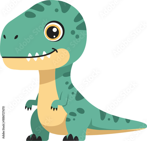 A smiling green cartoon dinosaur standing alone with a friendly expression illustrated in a simple and colorful style.