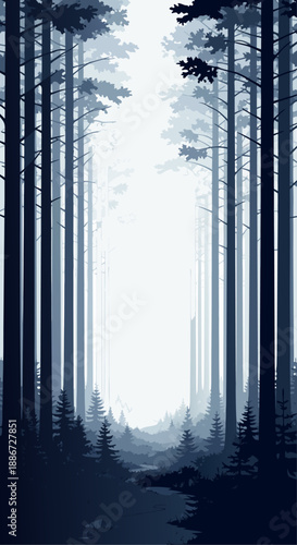 Deep forest pathway vector illustration with tall, stylized pine trees and a misty atmosphere, an enchanting natural landscape graphic artwork