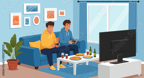 Young men friends playing video games on TV in a modern living room interior, having fun and enjoying leisure time together, a vibrant vector illustration