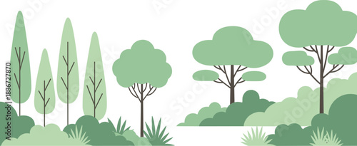 Green forest landscape vector illustration with trees and bushes isolated on white background for nature scenery design projects
