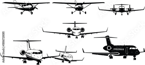 Aircraft front view silhouettes set, private propeller planes and business jets collection, aviation transportation illustration, isolated black white vector
