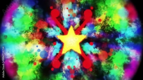 Abstract colorful design with stars ribbons and swirls on a black background