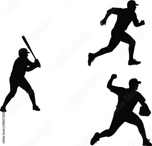 Baseball player silhouettes set showing batting, pitching and running actions vector illustration isolated on white background