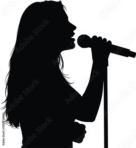 Female singer silhouette performing with microphone on stage, vocal music concept, side profile, isolated black vector illustration