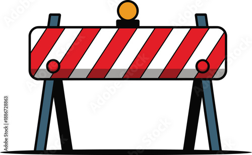 Construction barrier sign featuring red and white diagonal stripes and a yellow warning light signifies road closure ahead.
