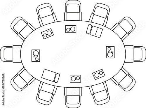 Top view of a large oval conference table surrounded by twelve office chairs illustrating a formal board meeting layout isolated on a white background.