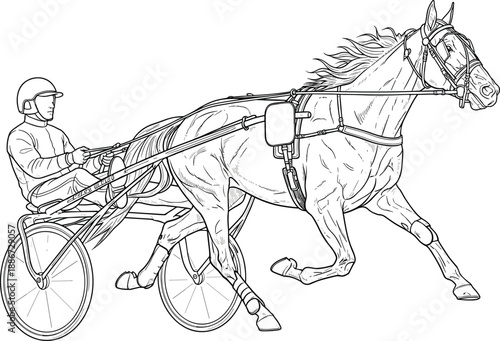 Harness racing horse pulling sulky with driver, detailed line art illustration of trotting racehorse isolated on white