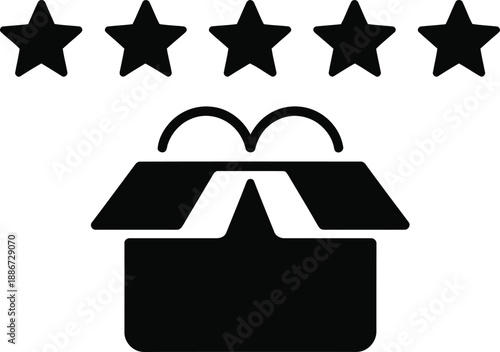 Open gift box silhouette with five solid stars above symbolizes excellent product rating or customer satisfaction.