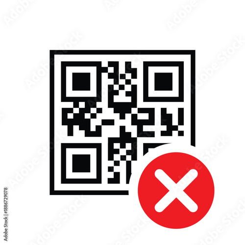 QR code with a red 'X' cross mark icon. Vector graphic representing a failed scan, invalid link, denied digital payment, or error during mobile transaction on a clean white background.