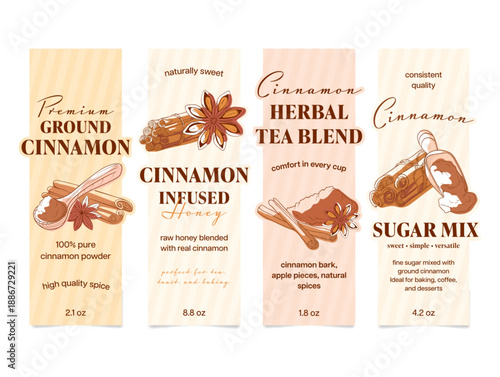 Various cinnamon product labels, on a white background, demonstrate the many ways they can be used in cooking and baking.