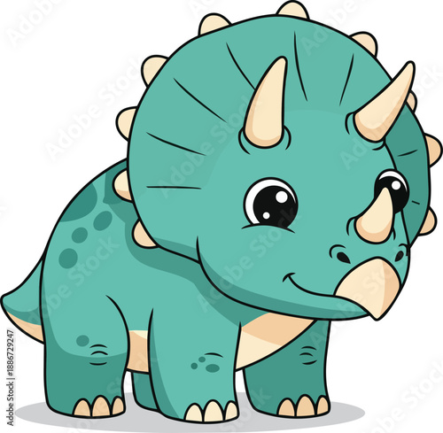 A cartoon triceratops dinosaur with a friendly expression standing in a plain background from a slightly angled viewpoint
