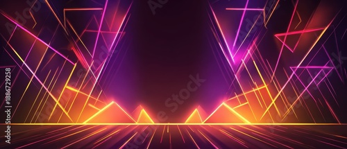 Abstract futuristic 3D banner in synthwave neon digital style with text space for header, website resource