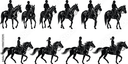 Horse riding silhouettes set with equestrian riders walking and galloping, horseback poses, black isolated sports vector illustration