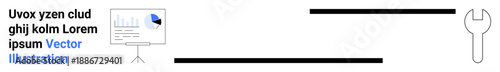 Data visualization, repair solutions, problem-solving, analytics tools, strategy presentation, teamwork. Graph on screen and wrench. Data visualization and repair solutions concept