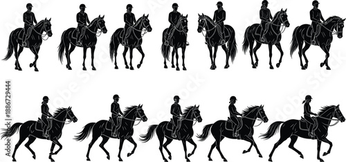 Equestrian horse riding silhouettes set with rider front back and galloping poses, horseback motion sequence, black isolated vector illustration