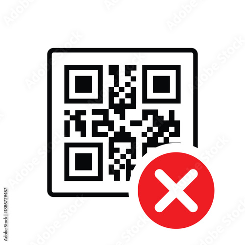QR code with a red 'X' cross mark icon. Vector graphic representing a failed scan, invalid link, denied digital payment, or error during mobile transaction on a clean white background.