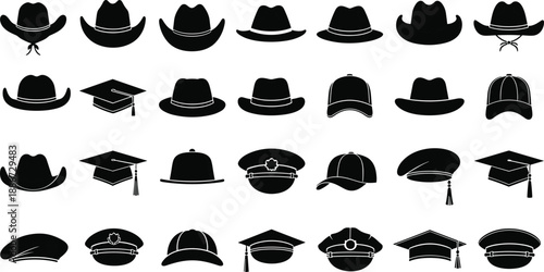 Collection of various hat silhouettes featuring cowboy hats graduation caps police hats and baseball caps isolated on white background for fashion and uniform design vector
