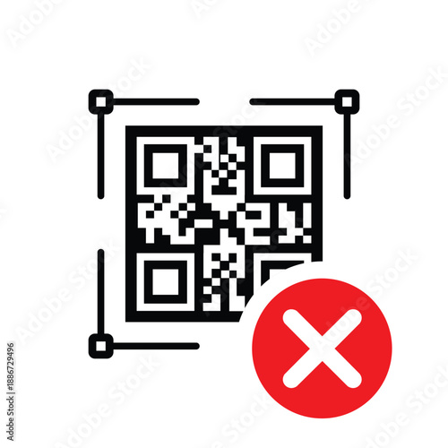 QR code with a red 'X' cross mark icon. Vector graphic representing a failed scan, invalid link, denied digital payment, or error during mobile transaction on a clean white background.