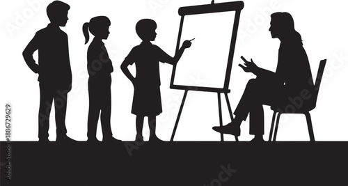 Silhouette of children and teacher with flip chart