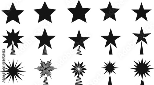Collection of various star silhouettes and Christmas tree topper icons featuring classic five point stars and sparkling holiday ornaments isolated on white background vector