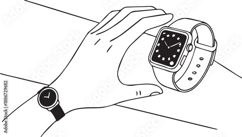 Hand holding a modern smartwatch and a classic wristwatch on white background Keywords: hand, holding, smartwatch