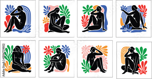 Abstract female figure art collection, modern nude women silhouettes with colorful botanical shapes, contemporary minimalist vector illustrations set for wall decor