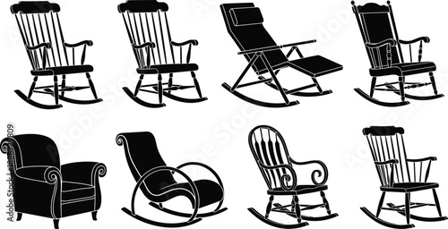 Collection of vintage rocking chair silhouettes featuring various classic wooden furniture designs and comfortable nursery armchairs isolated on white background for interior decor projects