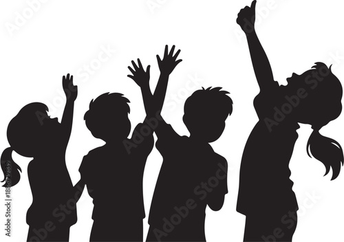 Silhouette of five children raising their hands in excitement