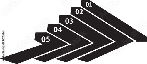 Numbered arrow infographic with five steps in black and white on white background Keywords: infographic, steps, numbered
