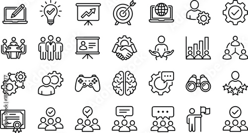 Business and teamwork icon set, leadership visuals, productivity tools, communication graphics, strategy symbols, collaboration, innovation, goal setting, minimal design