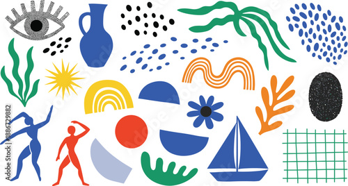 Abstract modern shapes illustration set, colorful organic symbols including eye vase plants rainbow sun sailboat figures, playful contemporary vector elements collection