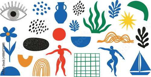 Abstract modern shapes illustration set, colorful organic symbols with eye vase plants rainbow sun sailboat figures, playful contemporary vector elements