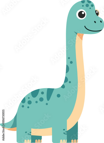 A cartoon dinosaur standing alone with a friendly smile, viewed from the side, in a simple, white environment.