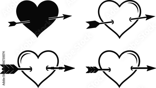 Set of heart with arrow silhouettes and line art icons featuring romantic cupid symbols and love shapes isolated on white background for design