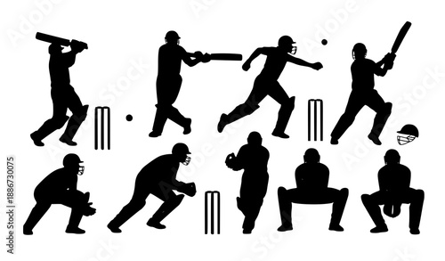 Dynamic Cricket Player Silhouette Vector Set for Sports and Action Designs