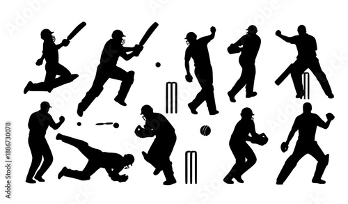 A minimalist flat silhouette vector set of cricket athletes arranged in a clean grid layout on a solid white background. The set shows front, side, and angled views of batsmen batting, bowlers bowling