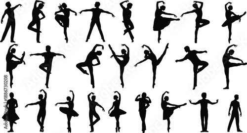 Ballet dance silhouettes set, graceful male and female dancers performing classical poses leaps and turns, elegant theatrical movement, black vector illustration collection