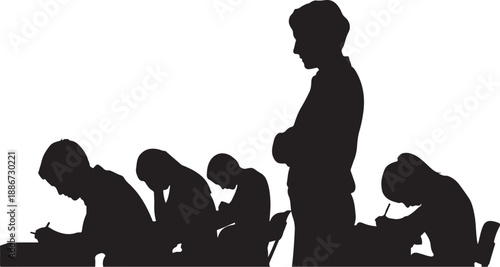 Silhouette of people working at desks with one standing