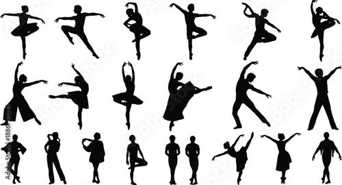 Ballet dancer silhouettes collection, graceful male and female performers in classical poses and jumps, elegant stage movement black vector set
