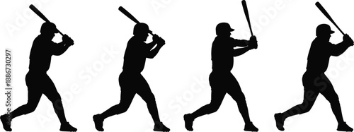 Baseball batter silhouettes illustration, professional players swinging bat in action poses, competitive sport motion, dynamic black vector set isolated on white background
