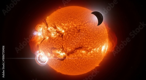 Solar eclipse with intense solar flares and a massive sunspot viewed from space against a dark cosmic background