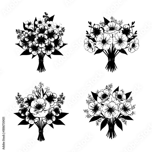 Minimal hand drawn sketch flower vector illustration with stems, leaves, and bouquets