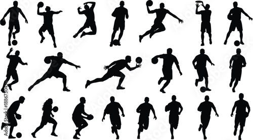 Basketball silhouettes collection, male and female players dribbling passing shooting and jumping, dynamic competitive team sport action, black vector icons set