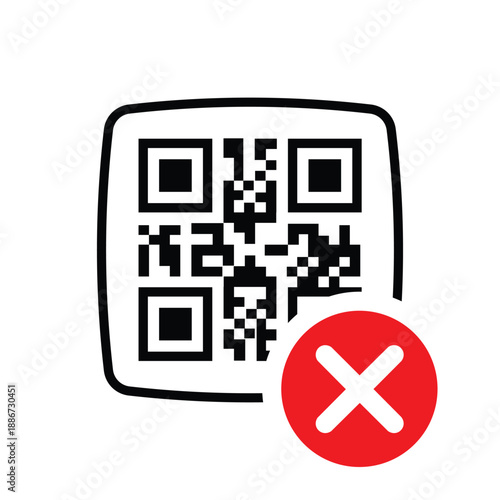 QR code with a red 'X' cross mark icon. Vector graphic representing a failed scan, invalid link, denied digital payment, or error during mobile transaction on a clean white background.