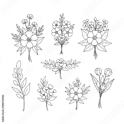 Trendy hand drawn sketch bouquet floral vector set in minimal line art style for logos and invitations