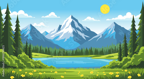 Beautiful Mountain Lake Scenery with Snow-Capped Peaks and Green Grass Field - Vector Illustration