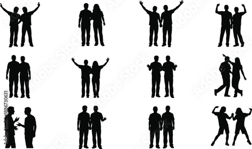 Set of people and couple silhouettes featuring friends and partners in various poses like waving talking and walking isolated on white background vector