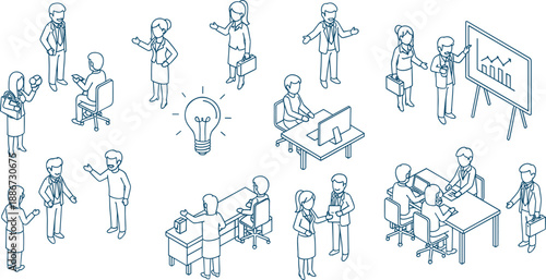 Business teamwork line illustration set, office people meeting presenting ideas and working at desks, professional corporate outline vector characters collection